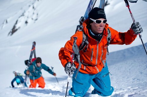 Sam Anthamatten heading up the mountain in the off-piste.