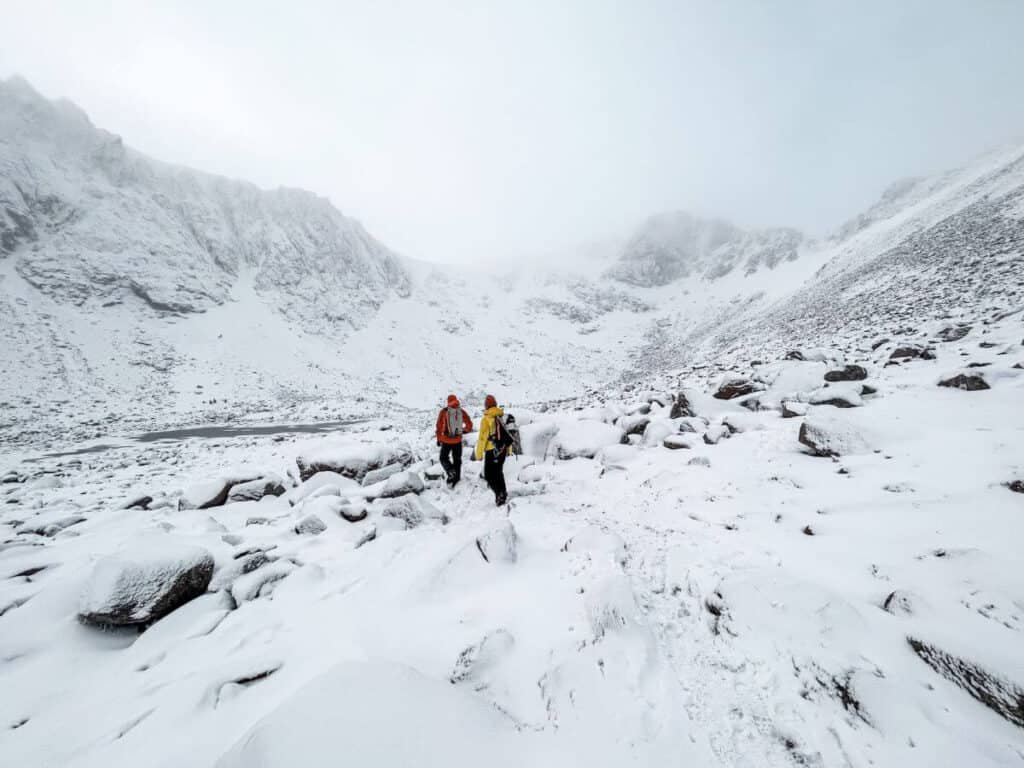 Does it snow in Scotland? Check out these two mountaineers walking in the highlands of Scotland during a snow covered winter.