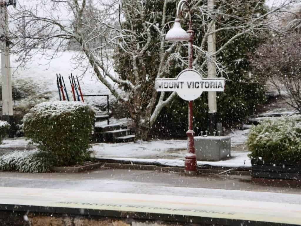 Mount Victoria, Railway platform during winter in Australia with a dusting of snow.