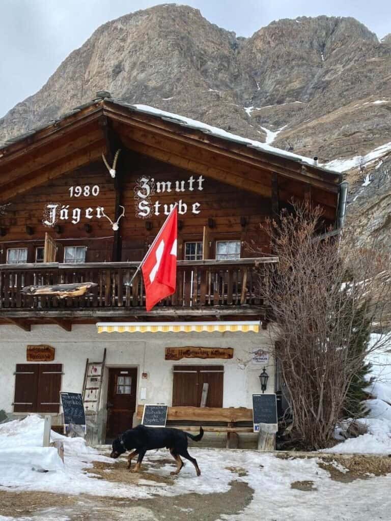 Jagerstube restaurant in Zmutt during winter.