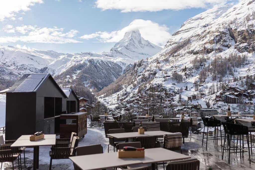 The terrace and view of Zermatt village and the Matterhorn from Hotel Schönegg