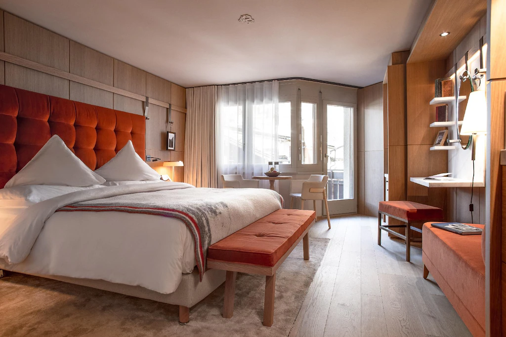 The ultra modern and brightly coloured room at the Schweizerhof, one of the most modern Zermatt Switzerland Hotels.