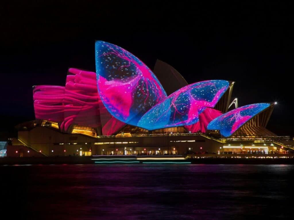 A light projection on the Sydney opera house during one of Australia's winter festivals, Vivid Sydney.